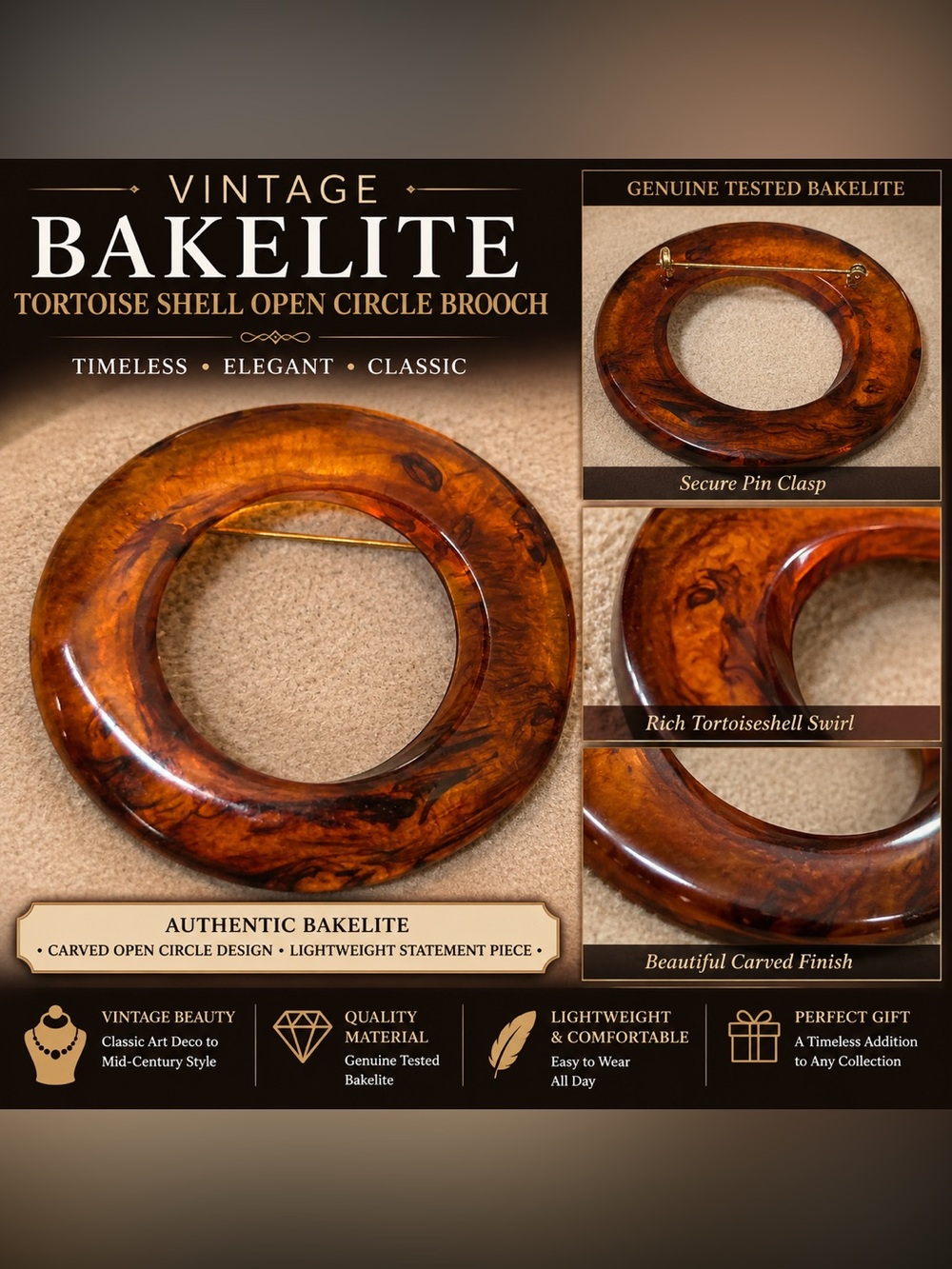 Vintage Bakelite Tortoiseshell Open Circle Brooch – Brown